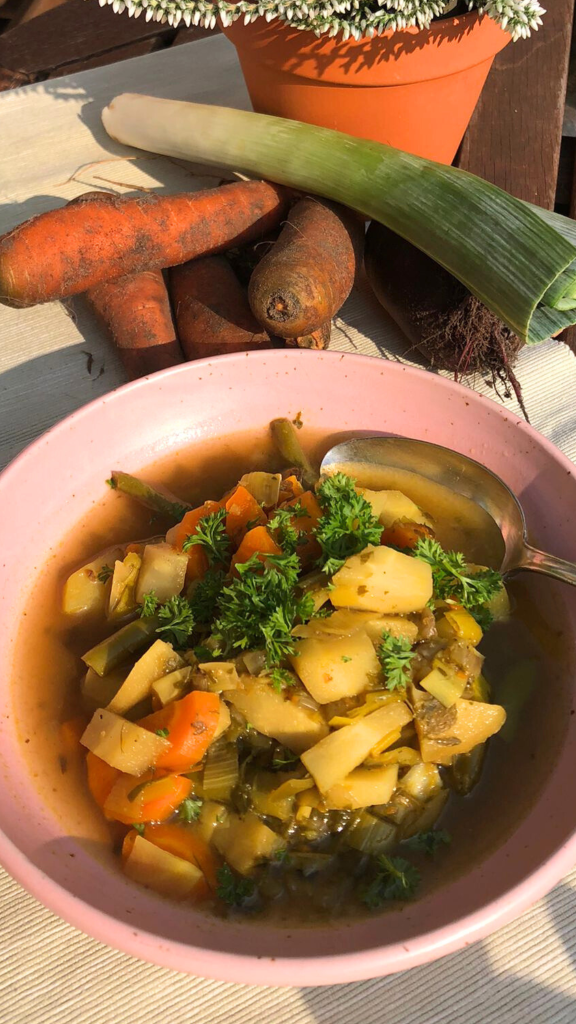 Das Bild zeigt eine selbstgemachte vegetarische Gemüsesuppe mit frischen Gemüse.