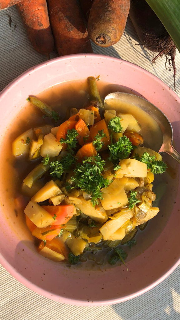 Das Bild zeigt eine selbstgemachte vegetarische Gemüsesuppe.