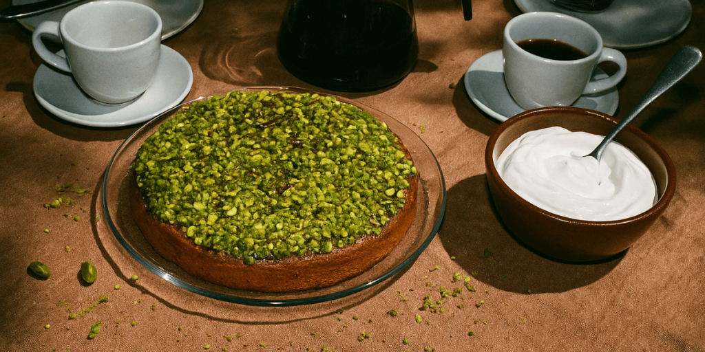 Ein frischer Französischer Pistazienkuchen auf einem Tisch serviert mit Kaffee