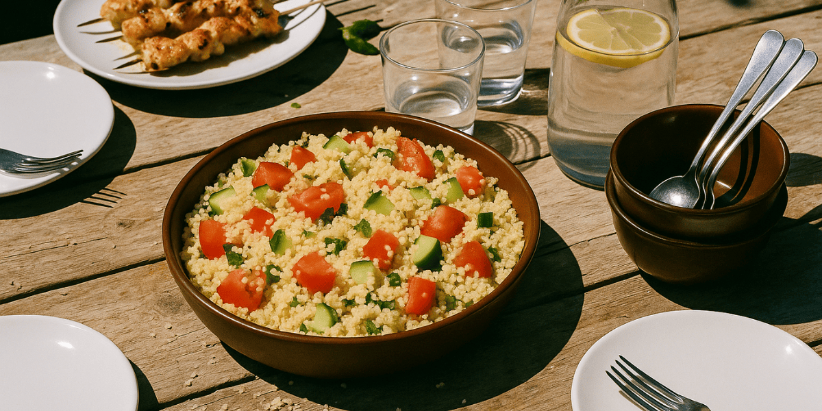 Marokkanischer Couscous-Salat in einer Schale zusehen.