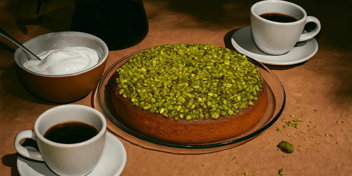 Ein frischer Französischer Pistazienkuchen auf einem Tisch serviert.